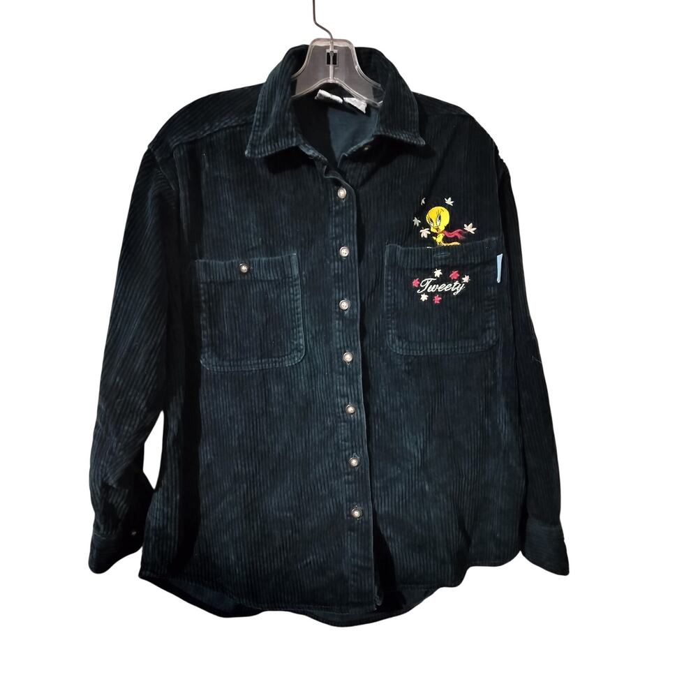 5993)Vtg Looney Tunes S Forest Green Corduroy Button Up Tweety Embroidery Shirt